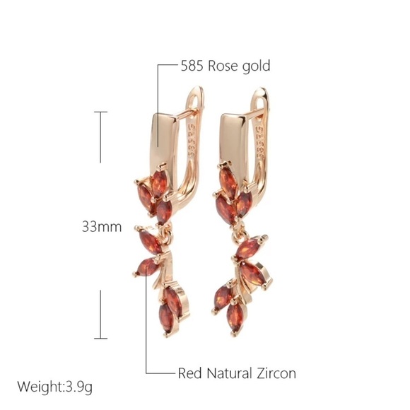 Rose Gold Plated Drop Earrings Red Natural Zircon - Picture 3 of 8